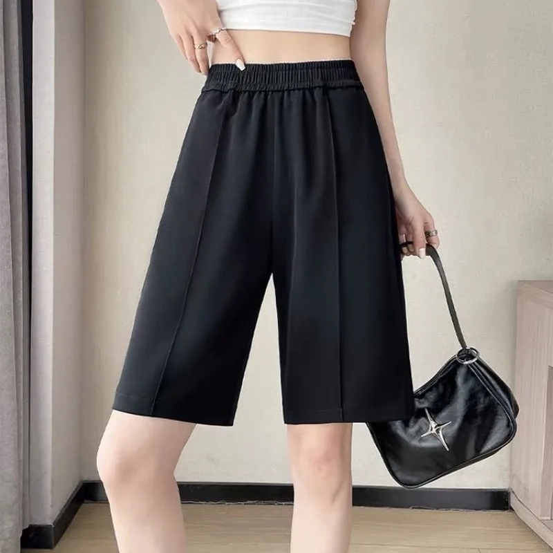 Summer Women's Clothing Solid Color Elastic High Waist Pockets Casual Trouser Suits Straight Cargo Chiffon Capri Pants Shorts
