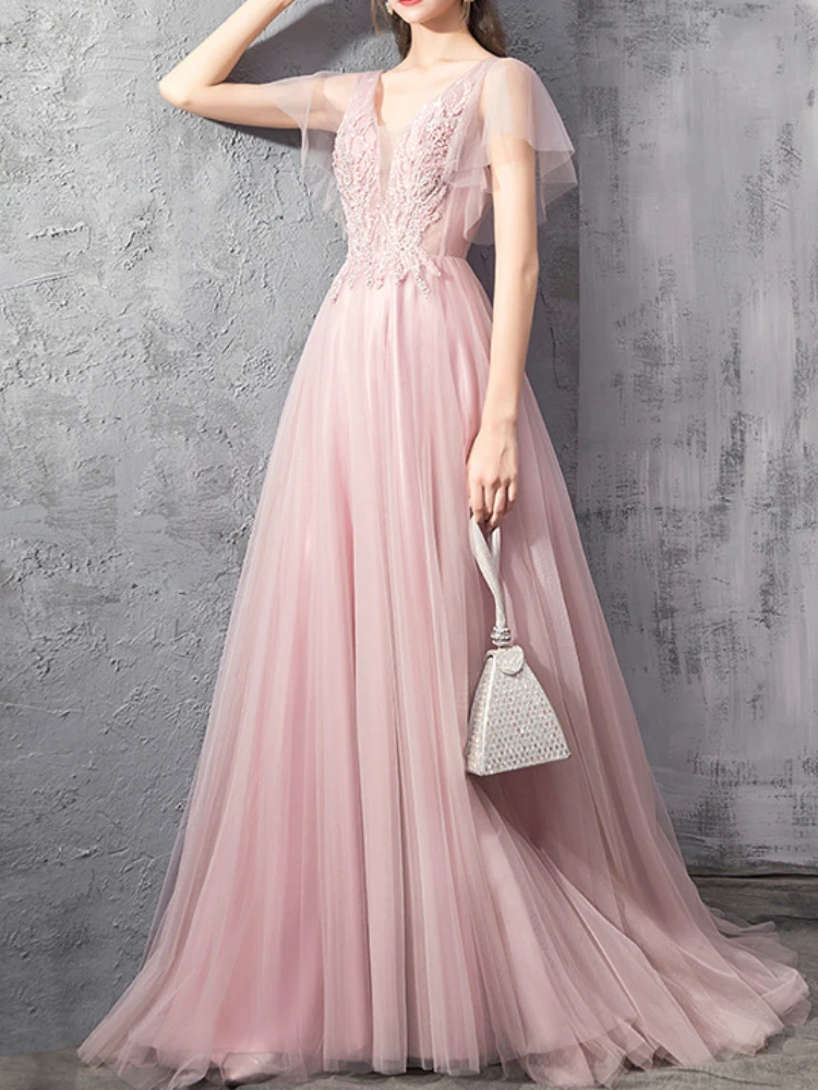 

Fernch Simpel Deep V Elegant Formal Prom Dresses Exquisite Sequin Flower Appliques Evening Vestidos Solid Long Cascading Gown