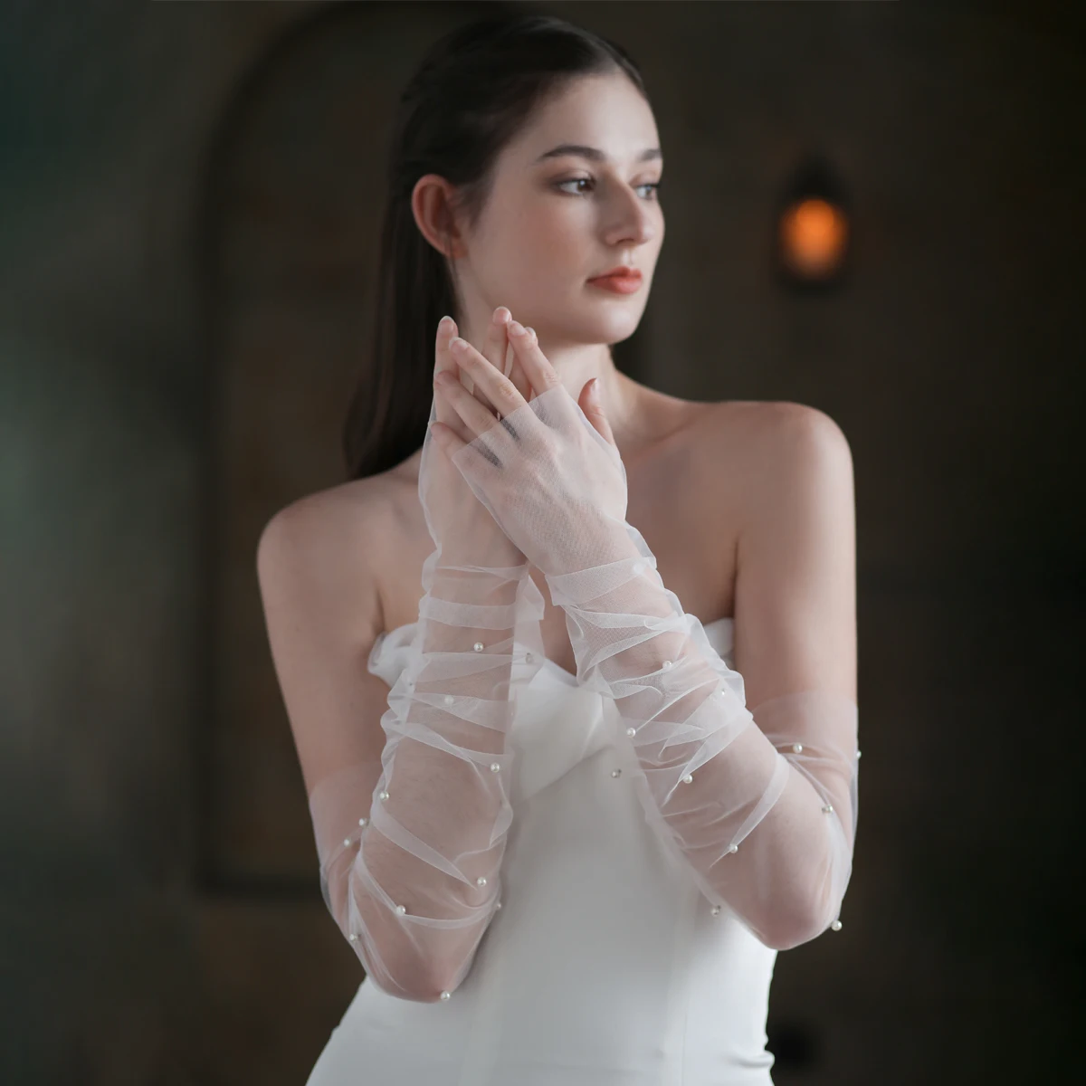 Wedding Dress Gloves WG052 Wedding Fingerless White/Black Gloves Long Tulle Pearls Brides Bridesmaid Sleevelet Women Pageant Prom Handschuh