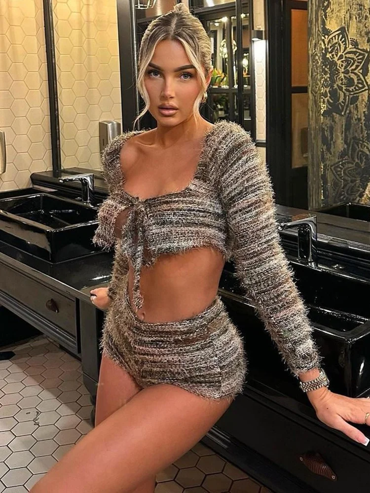 Wmstar Women's Two Piece Outfits Knitted Crop Top with Hollowed Out Straps Fashionable Short and Long Sleeved Matching Suit