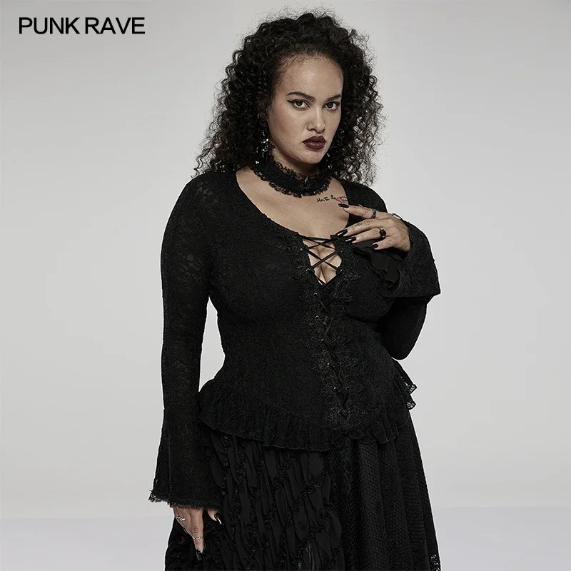 

PUNK RAVE Women's Gothic Daily Stretch Lace Flare Sleeve Mesh Black T-Shirt Rope Design Sexy Tops Spring Spring/Autumn