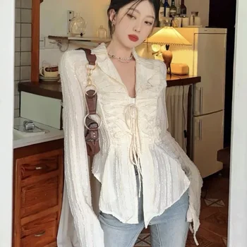 Deeptown Fairycore Lace Up Blouse Women Long Sleeve New Turn Down Collar Shirts Feminina Ladies Cropped Tops Korean Fashion Chic