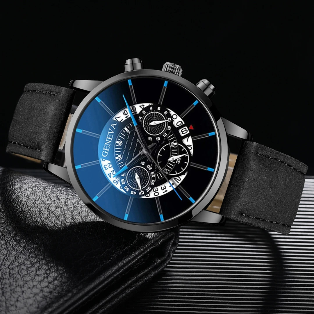 4PCs/Set Men's Leather Strap Calendar Quartz Watch