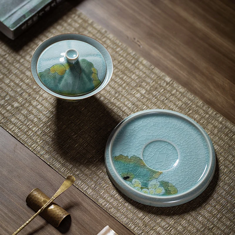 110ml Borneol Glaze Sancai Covered Bowl Hand-painted Lotus Art Ceramic Tea Tureen Tea Maker Gaiwan With Cover Kung Fu Set
