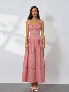 Women Summer Sleeveless Dress Casual Plaid Print Ruffle Party Dress for Cocktail Beach Club Streetwear 3