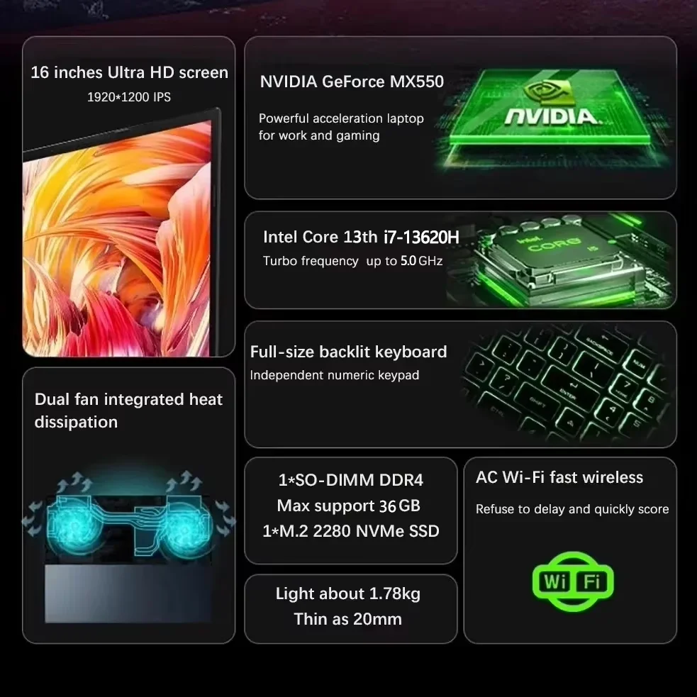Gaming Laptop 16 Inch Intel Core I7-13620H NVIDIA MX550 4G 32GB DDR4 2TB SSD Window 11 12 Cores 16 Threads Portables Netbook 2