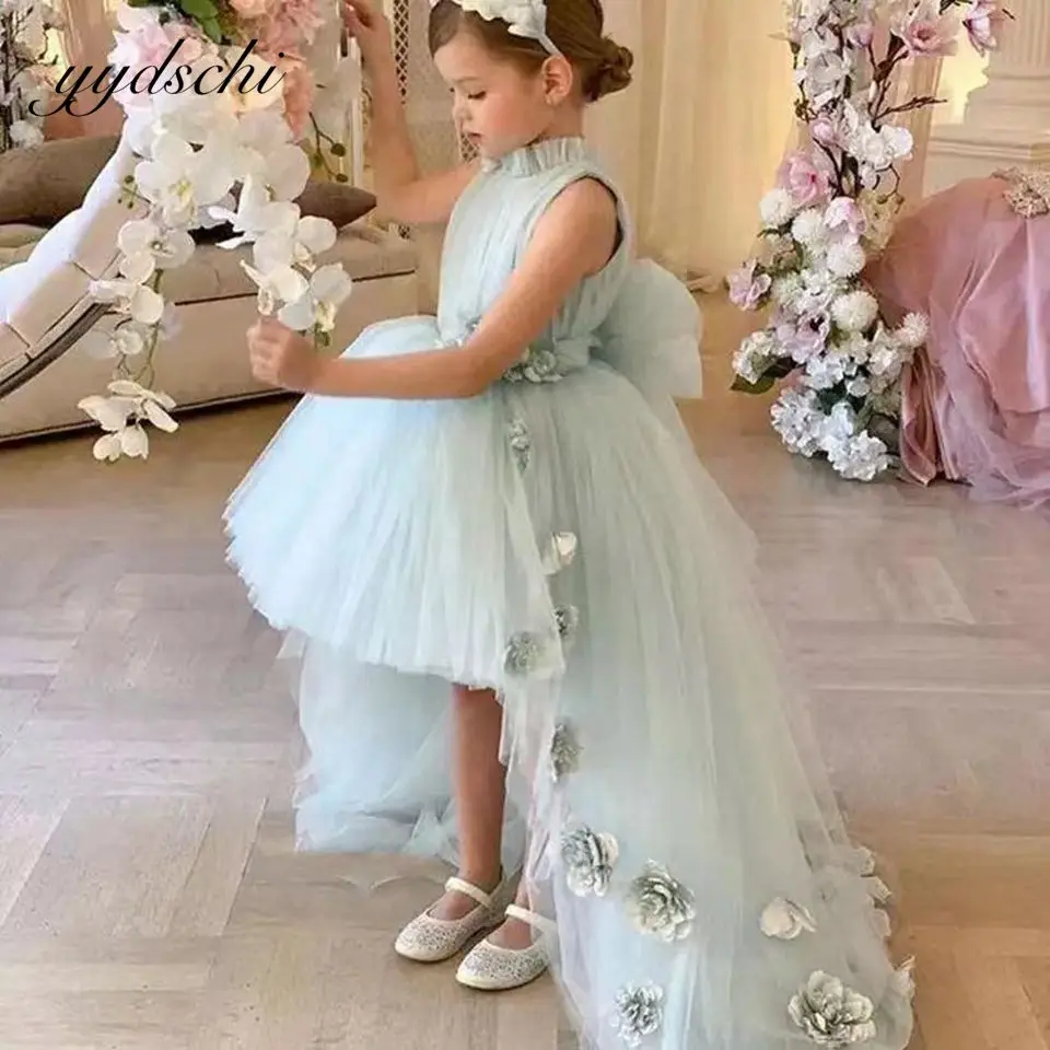 

2023 Luxury High-Low Sleeveless Puffy Flower Girl Dresses For Wedding Princess 3D Floral AppliquesFirst Communion Gowns With Bow