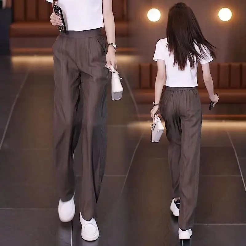 Simplicity Casual Women's Solid Elastic High Waist Trousers Fashion All-match Straight Wide Leg Pants Summer Female Clothing