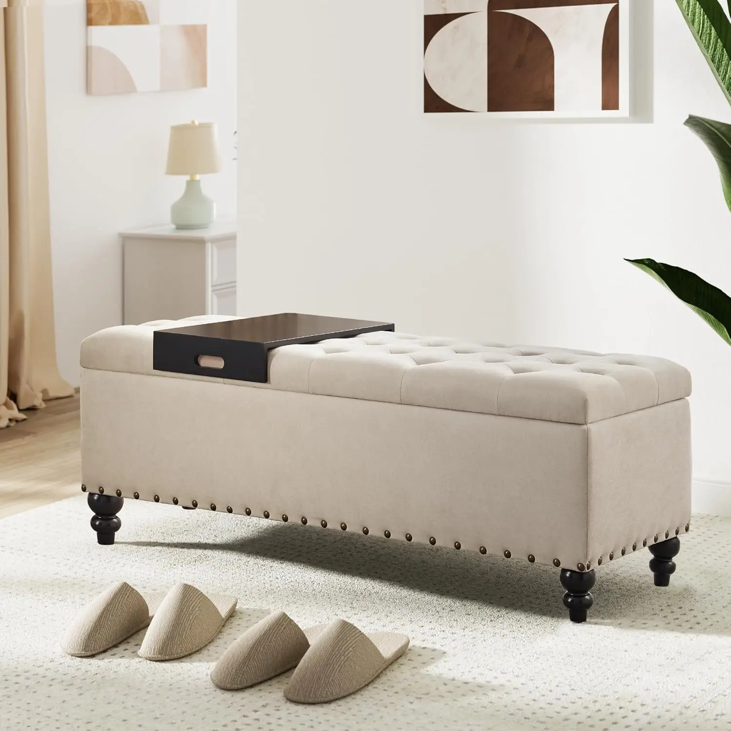 51-inch Storage Ottoman Bench with Removable Tray, Bedroom Bench with Button-Tufted, Safety Hinge Ottoman in Upholstered Fabrics