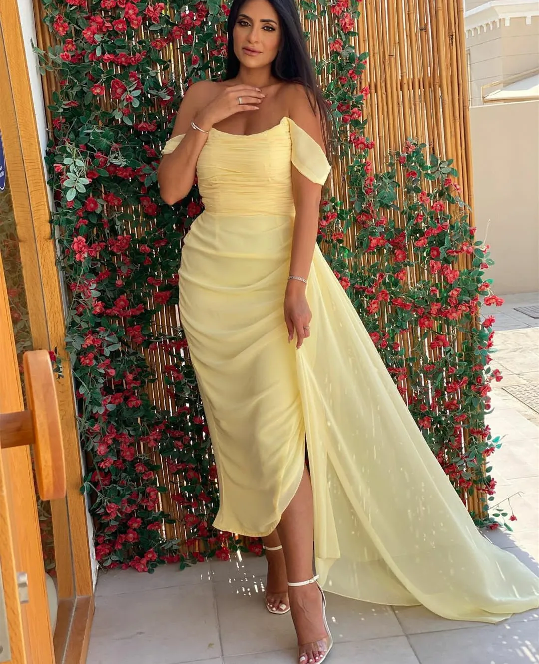 

Vintage Long Chiffon Evening Dresses فساتين السهرة Muslim Sheath Off Shoulder Tea Length Prom Dresses for Women