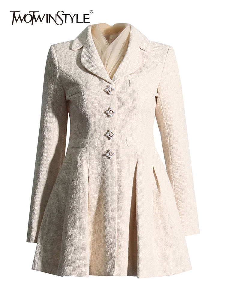 

TWOTWINSTYLE Solid Patchwork Single Breasted Minimalist Dresses For Women Lapel Long Sleeve High Waist A Line Dress Female New