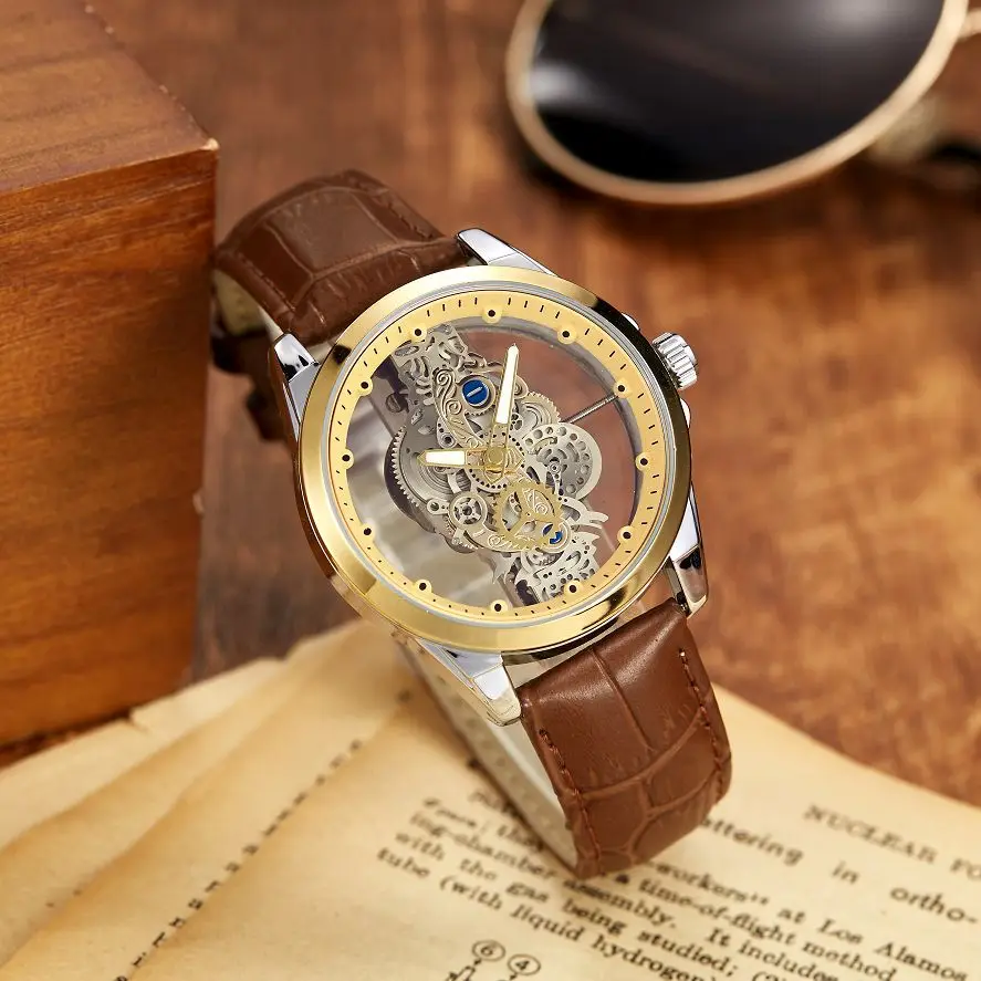 New Brand Quartz Hollow Watch Men's Waterproof Luminous Steel Transparent Personality Men's Watch Steel Leather Band