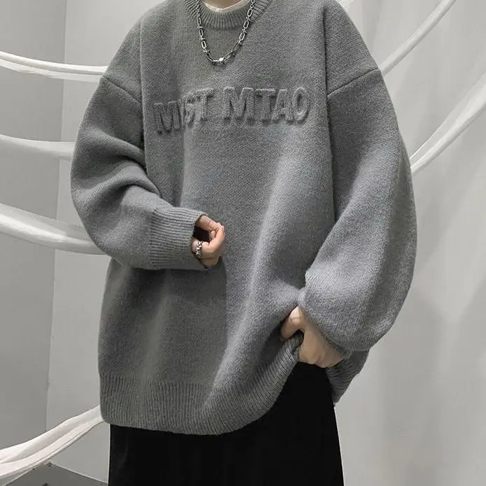 Fashion Autumn Winter Men's Cool Boy Casual Loose Tess Knitted Pullover Sweater Soft Warm Solid  Alphabet
