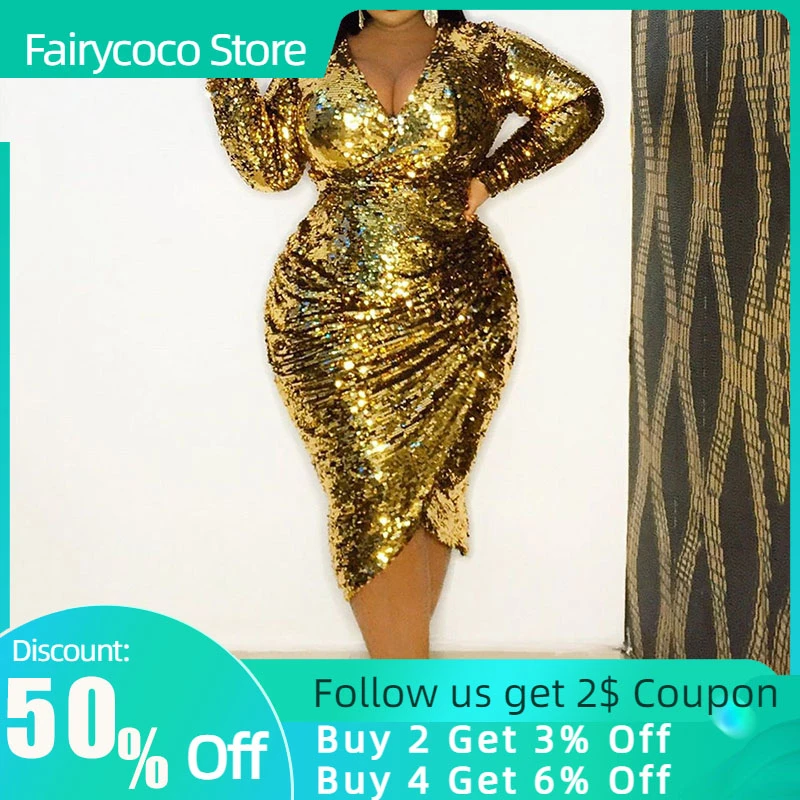Pailletten Kleid Frauen Sexy Mode Midi Kleider Goldene Party Nacht Club  Afrikanische Damen V ausschnitt Langarm Plus Größe 2021 Frühling|Islamic  Clothing| - AliExpress