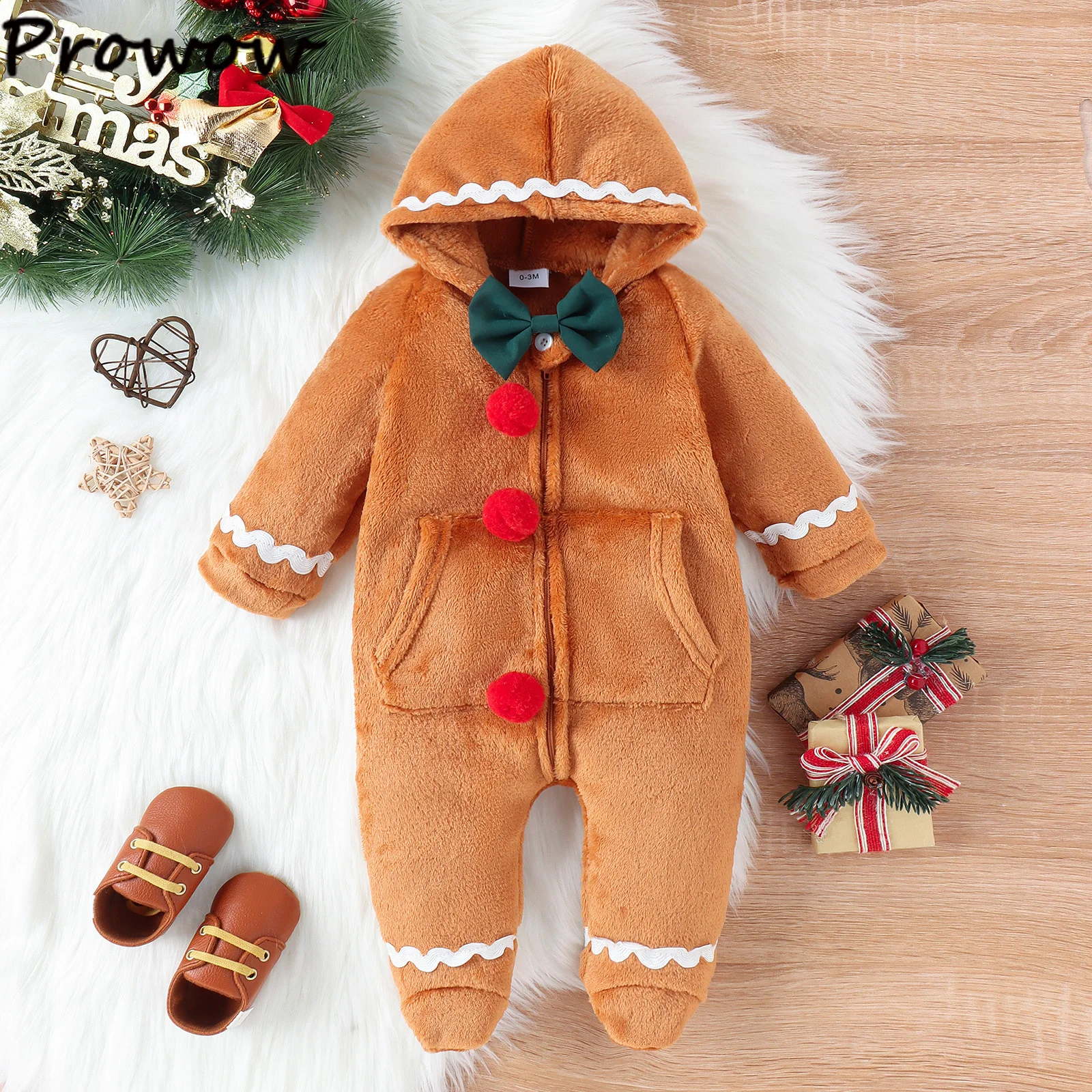 Prowow Baby Christmas Romper Boys Girls Hooded Necktie Gingerbread Man Footed Jumpsuit For Boys Girls Baby New Year Costume