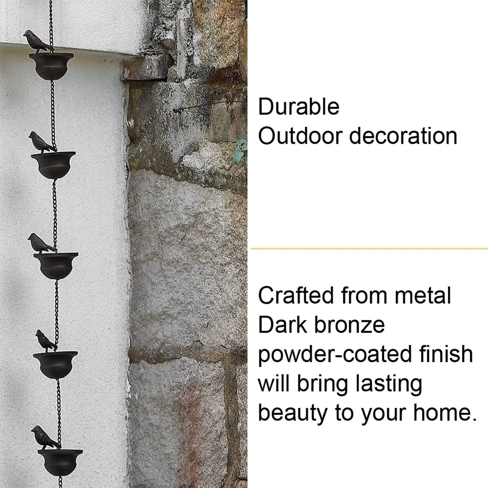 Creative Birds On Cups Metal Rain Chain Rain Catcher Chain Mobile Bronze Decorative Bird Rainwater Garden Display Pendant