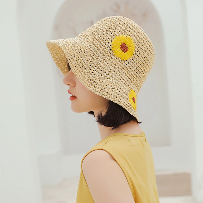 여성용 빨대 모자, 수제 짠 후크, 꽃 어부 모자, 접이식 야외 모자, 태양 모자, 여름 신상