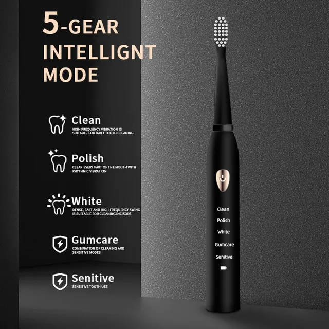 Jianpai Adult Black White Classic Acoustic Electric Toothbrush Adult 5-gear Mode USB Charging IPX7 Waterproof Acoustic Electric 2