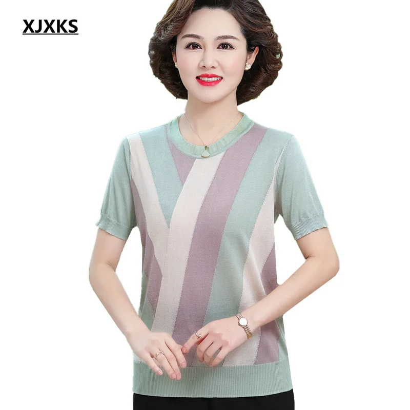 

XJXKS New 2022 Summer Loose Plus Size Women T-shirt Fashion Striped Silk Short Sleeve Stitch Top Female Thin Tee Shirt