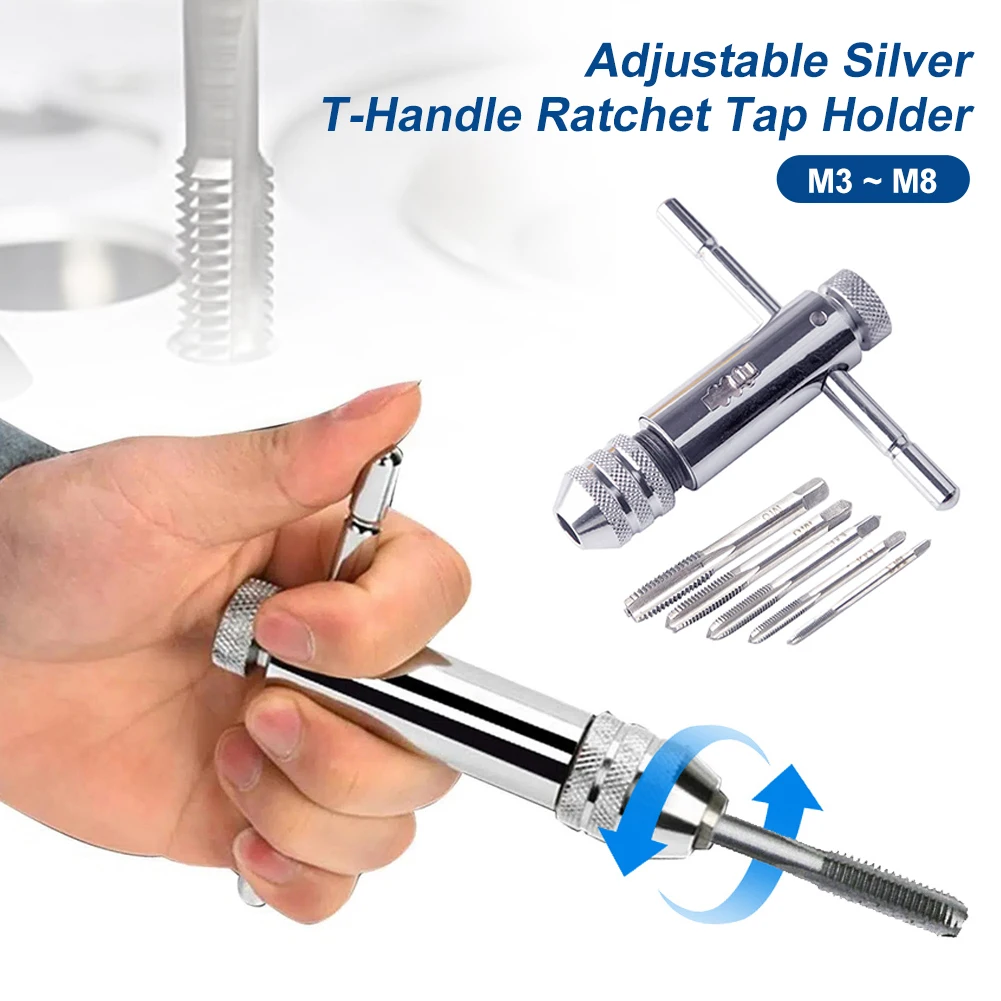 

1set Silver T-Handle Ratchet Tap Holder Wrench Set Hand Tools With 5pc M3-M8 Machine Screw Thread Metric Plug T-shaped Tap