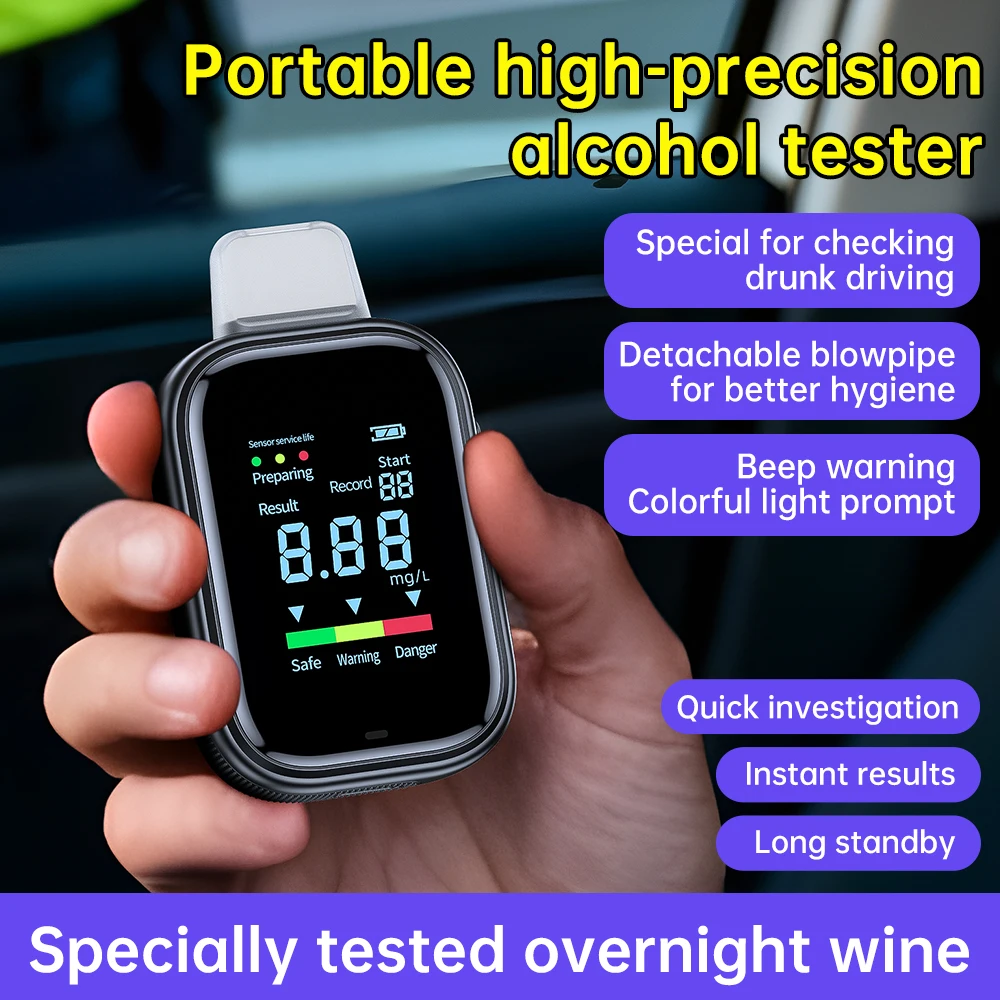 Digital Breath Alcohol Tester Portable Breathalyzer LCD Color Screen USB Rechargeable High Accuracy BAC Detector with Alarm