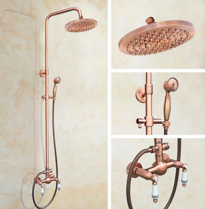 

Antique Copper Bathroom Faucet Set 8" Rainfall/Handheld Shower Hot And Cold Water Tap Kit Wall Mounted Washroom Faucets Drg553
