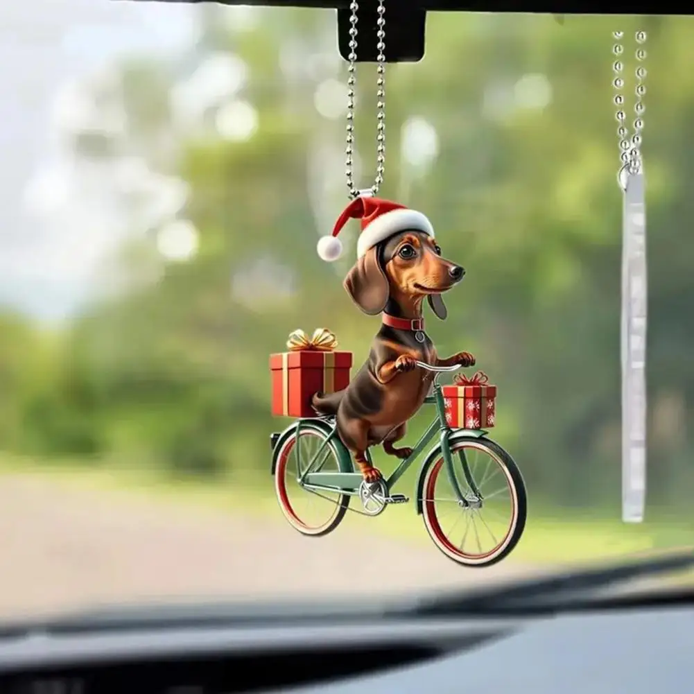 Fun Pendant Puppy Riding Bicycle Christmas Tree Ornaments Double-printed Acrylic Hanging Decorations for Home Family Friends Dog