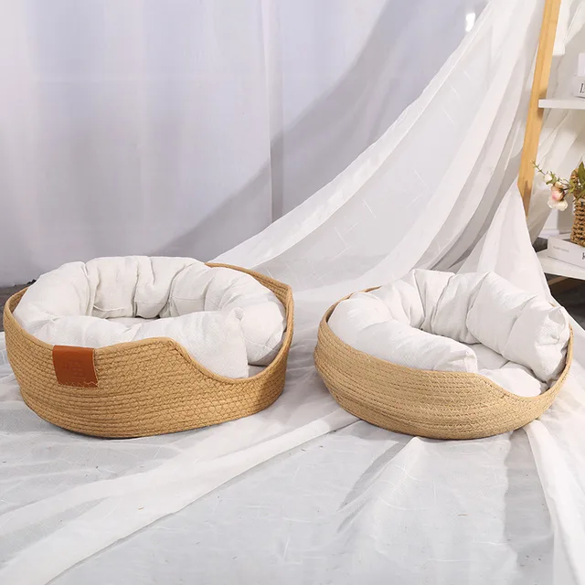 Bamboo Weaving Cat Bed Sofa House - Eco-Friendly Warm Pet Nest for Indoor Cats, Small Medium Cat Furniture Pet Sleeping Supplies