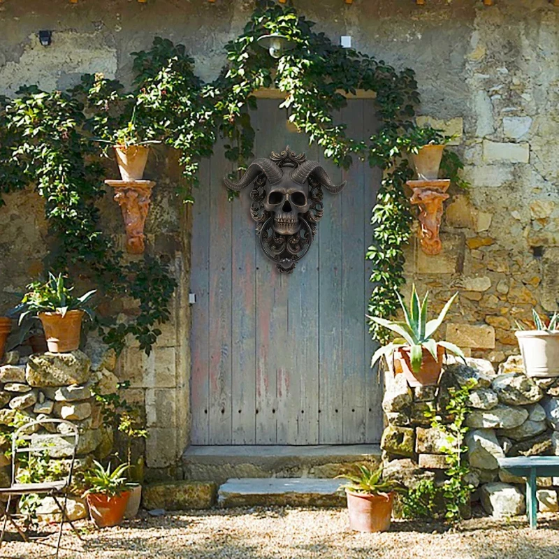 Door Knocker Horned Skull Statues Hanging Door Knocker Vintage Iron Shofar Heavy Duty Gothic Doorknocker Door Handle Perfect Decoration Home