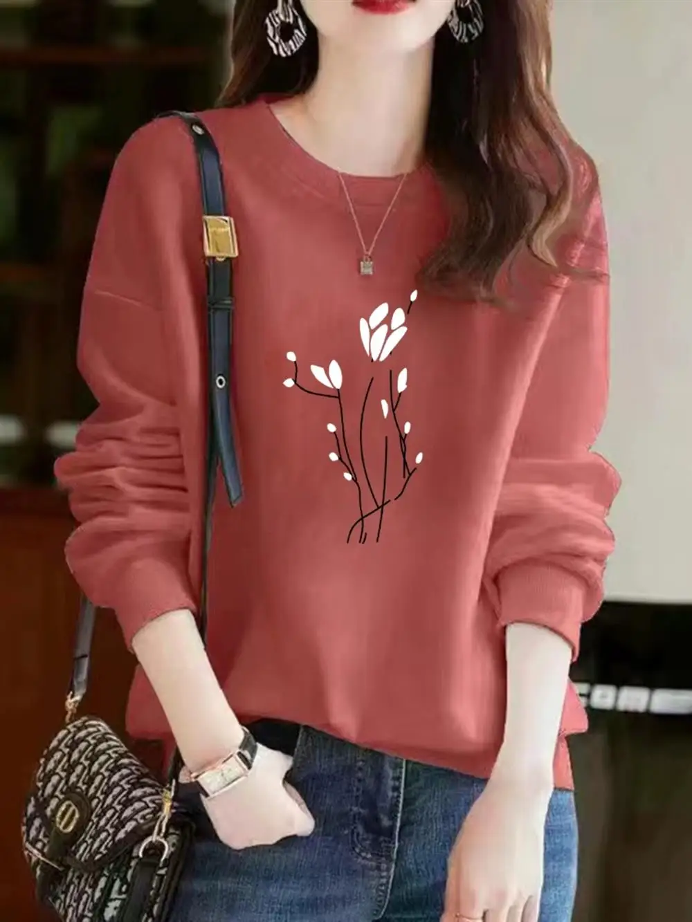 Fce Lined Oversized round Ne Women's Sweatirt Trendy Autumn Winter New Sle Base Layer Top Streetwear Korean Sle