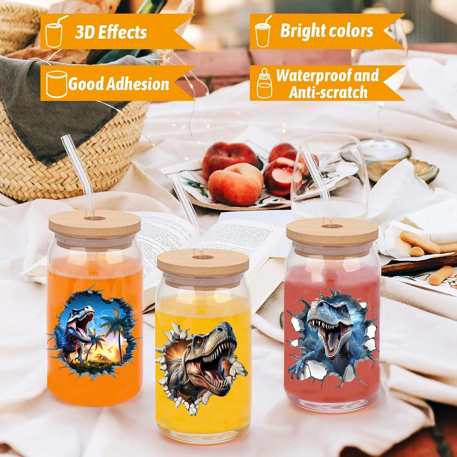 3D Dinosaur Stickers peel waterproof DIY Decals 3D transfers uvdtf crystal stickers 16oz uv dtf cup wraps for Libbey Glasses