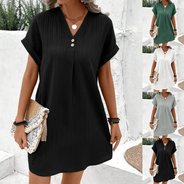 Robe t-shirt à manches courtes et col en V pour femmes, robe d'été monochrome, vêtements de plage baggy, grande taille, adt, 2024 4