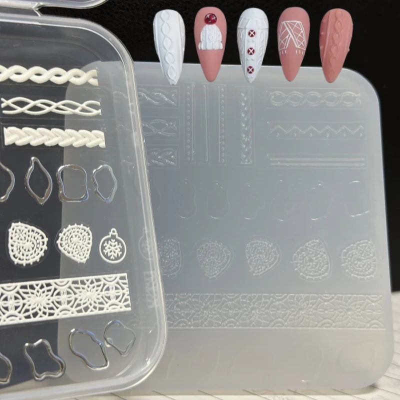 1Pc 3D Silicone Nail Carving Mold With Free Scraper , Kawaii Snow Man Gothic Text Cartoon Rabbit INS Pattern DIY Nail Art 3