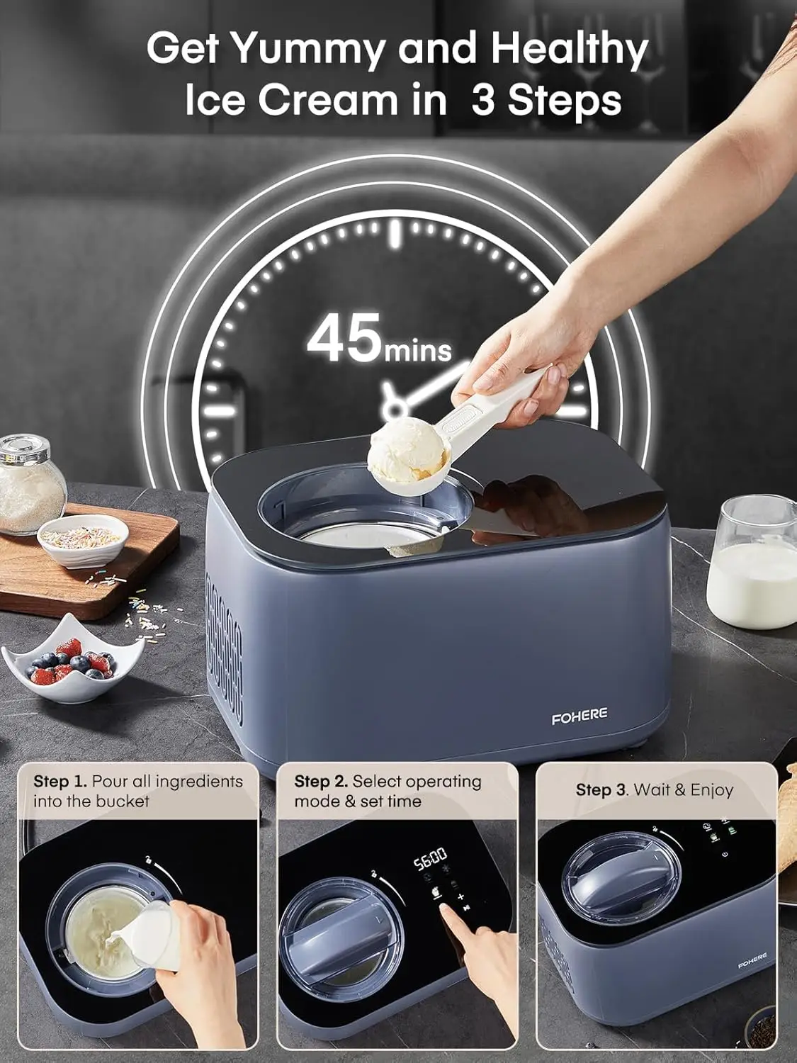 1.2-Quart Touch Screen Automatic Ice Cream Maker with Compressor, No Pre-freezing, 4 Modes Frozen Yogurt Machine with LCD Displa 6
