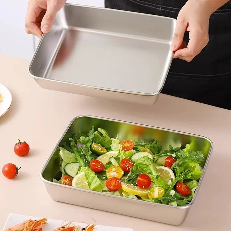 Stainless Steel Square Plate With Lid Rectangular Food Storage Pan Commercial Dish Tray Large Freshing Lunch Box Container dining dish