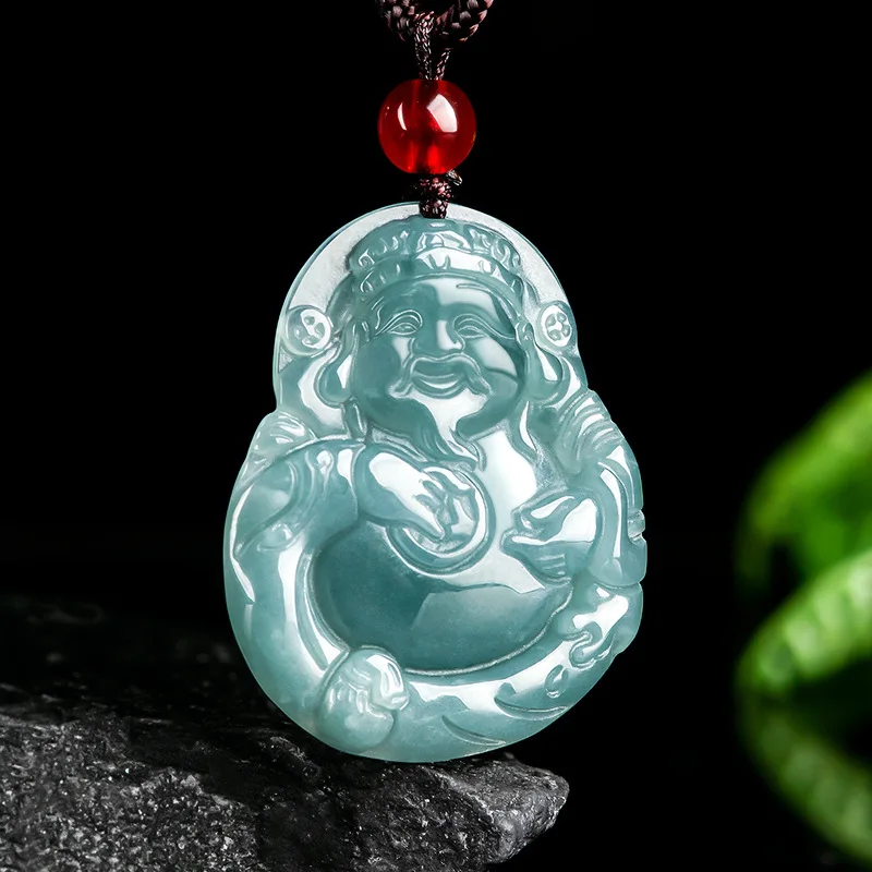 

Natural A-grade Jade Blue Water God Of Wealth Pendant Attracting Wealth Ice Seed Jadeite Male Female's Charms Jewelry Drop Ship