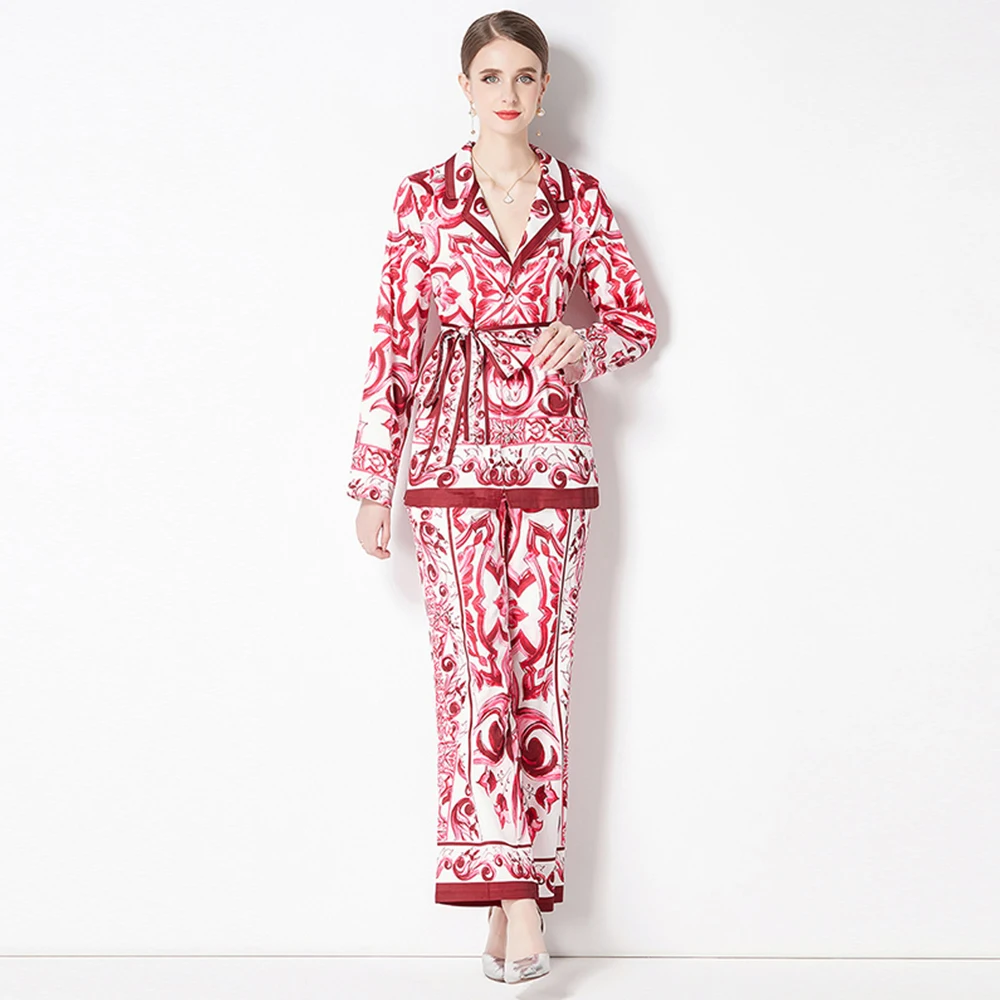 Autumn Fashion Runway Pants Suit Women's Long Sleeve Red Blue And White Porcelain Print Long Jacket + Pants 2 Pieces Set T8733 10pcs titanium oxide ceramic eye over coil threading hole line mouth porcelain sleeve porcelain eye ceramic eyelets