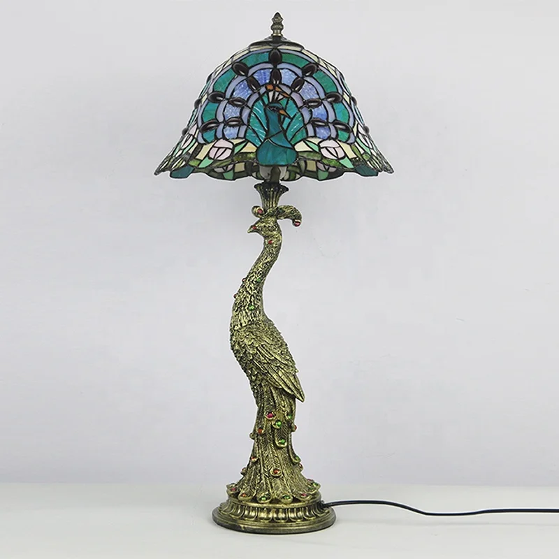 

LongHuiJing TiffanyStyle Jeweled Harlequin Peacock Stained Glass Accent Lamp Blue NEW