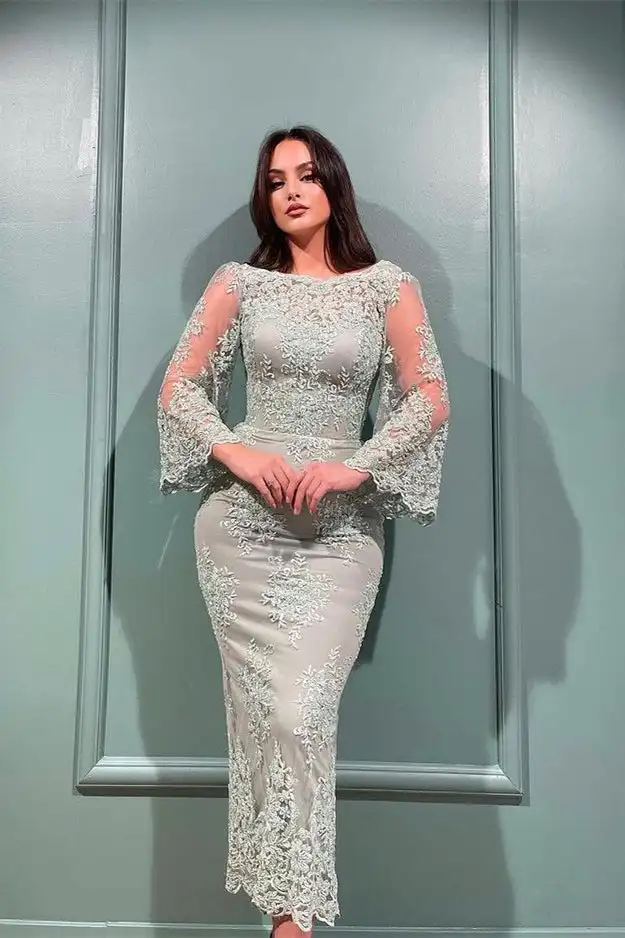

Elegant Long Sleeve Lace Mermaid Evening Gown 2024 Customized Simple Floor Length Prom Dress Arabia فستان سهره عربي