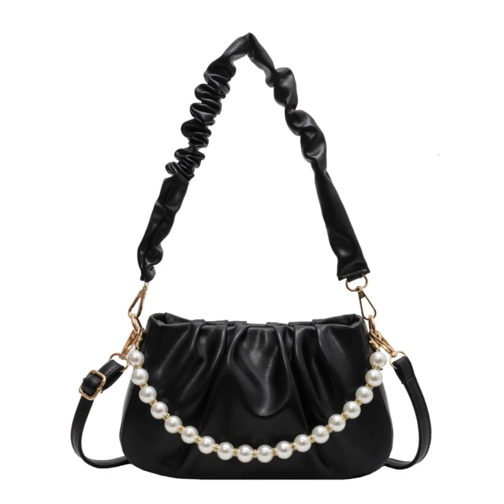 

PU Leather Cloud Shoulder Bag Korean Style Crossbody Bag Pleated Handbag Dumpling Bag Messenger Bag Pearl Chain Crossbody Bag