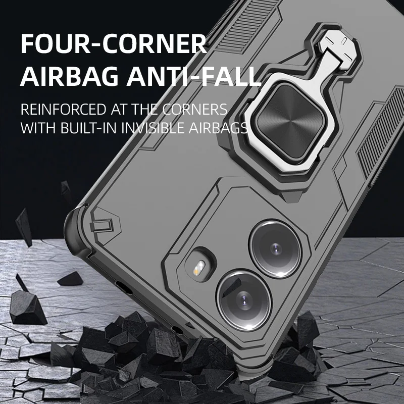Magnetic Armor Shockproof Phone Case with Metal Ring Stand and Lens Protection