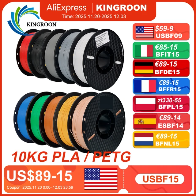 KINGROON 22LBS PETG or PLA filament 3D Printer Filament 10 Rolls 1KG 1.75MM Eco-Friendly Good Toughness Mix Color Free Shipping 1