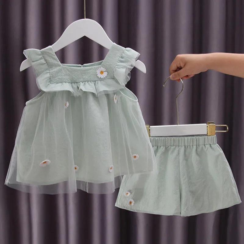 

Baby Girl Clothes Sets Fashion Cute Summer Sleeveless Flower Blouse Top Shorts 2pcs Kids Casual Outfits Children Suits 1-6Y