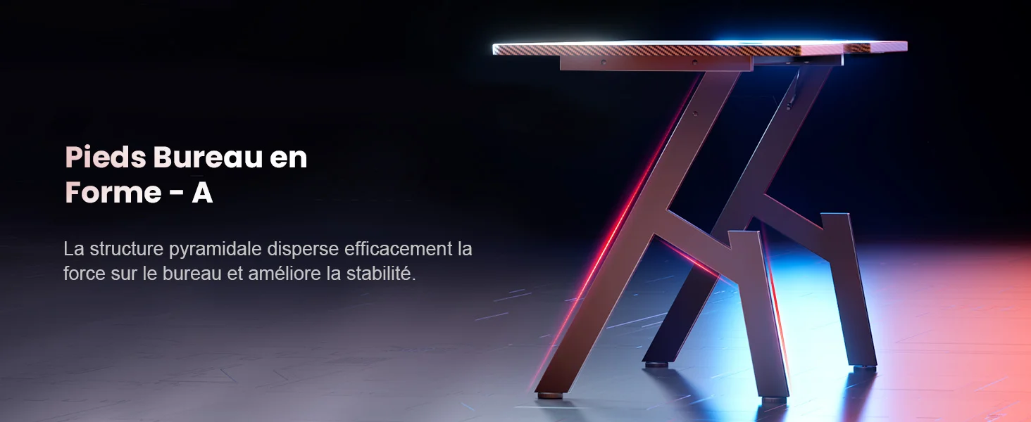Pieds de bureau lumineux à structure pyramidale. Les pieds ont un design élégant et moderne avec un éclairage LED sur les bords, créant une apparence futuriste sur un fond sombre