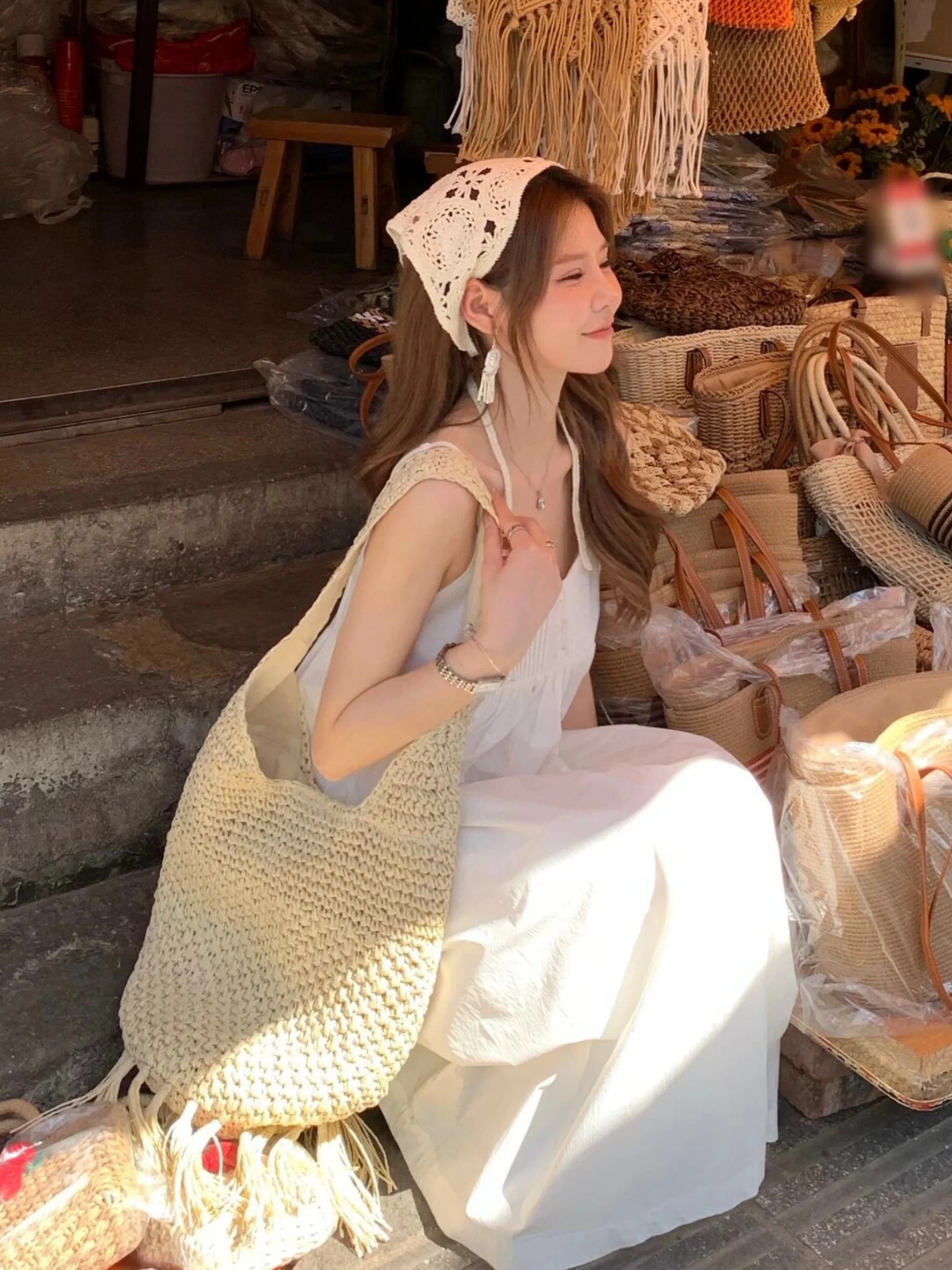 New Tassel Fringe Paper Rope Straw Woven Fashion Single Shoulder Pineapple Beach Bag Woven Bag Casual Women's Bag