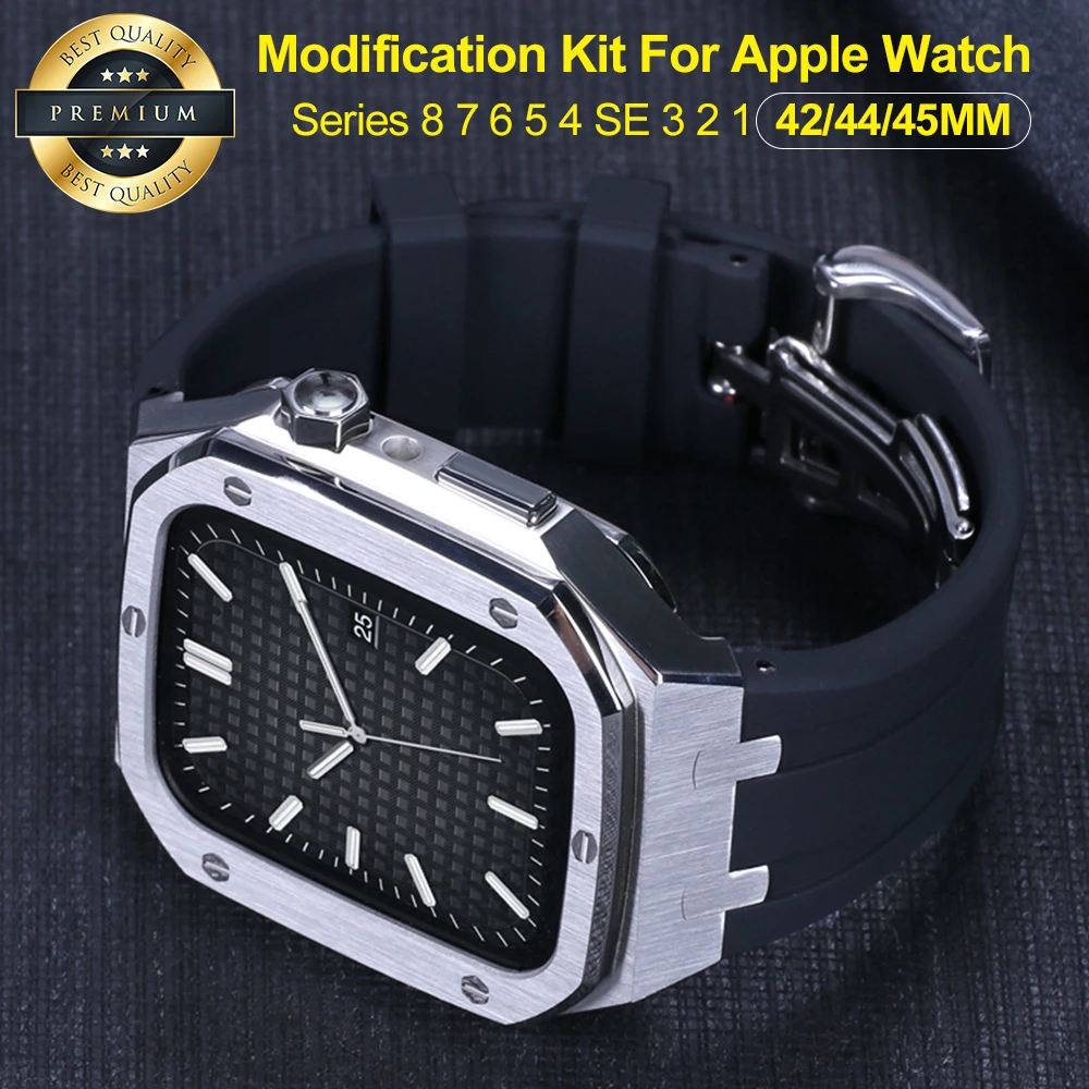 

Stainless Steel Case 44mm 45mm For Apple Watch Series 8 7 6 5 4 Metal Cover Frame Rubber Set for iWatch Luxury Modification Kit