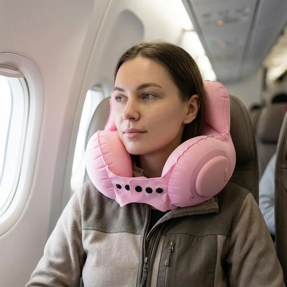 Compact Inflatable U-Shaped Travel Neck Pillow for Comfortable, Tilt-Free Rest