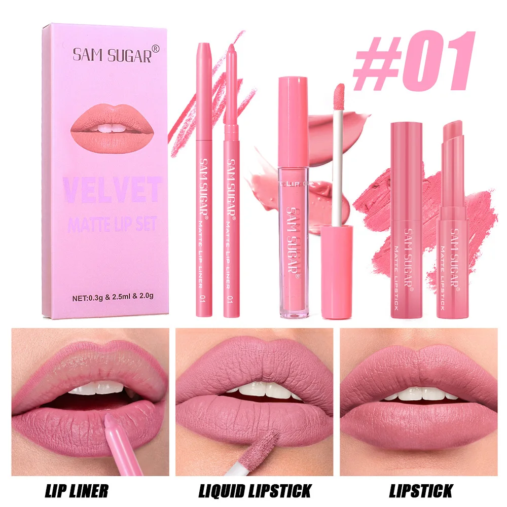 3 pcs/set Velvet Matte Lipstick Lip Gloss Lip Liner Combo Set Matte Long Lasting Easy Color Non-Stick Lipstick Set 6