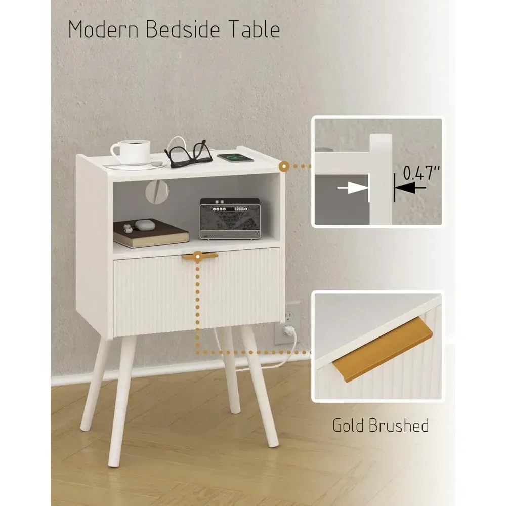 White Nightstand with Outlet,Modern Bedside Table with Storage Drawer and Open Wood Shelf, for Living Room, Bedroom and Small Sp