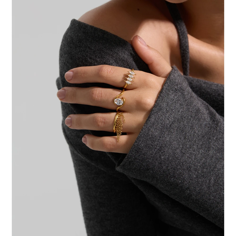 Yhpup Stainless Steel Cubic Zirconia Adjustable Ring Gold & Platinum PVD Plated Fashion Shiny Finger Jewelry Gift Wholesale 3